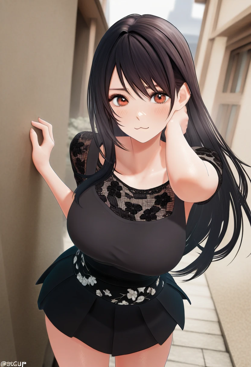 1girl, black hair, long hair, black shirt, black skirt, floral print, (X3D), realistic, masterpiece, best quality, good quality, newest, tifa lockhart