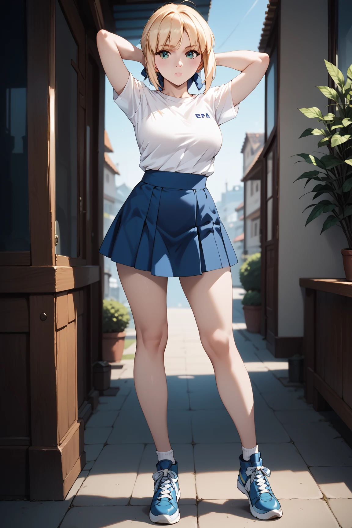 Masterpiece, extremely detailed,4k,solo,1girl,saber,((fullbody)),large breasts,long legs ,arms behind back head,blonde hair,croptop white tshirt,mini skirt,looking at viewer ,front look,cowboy shot, photoshoot pose 