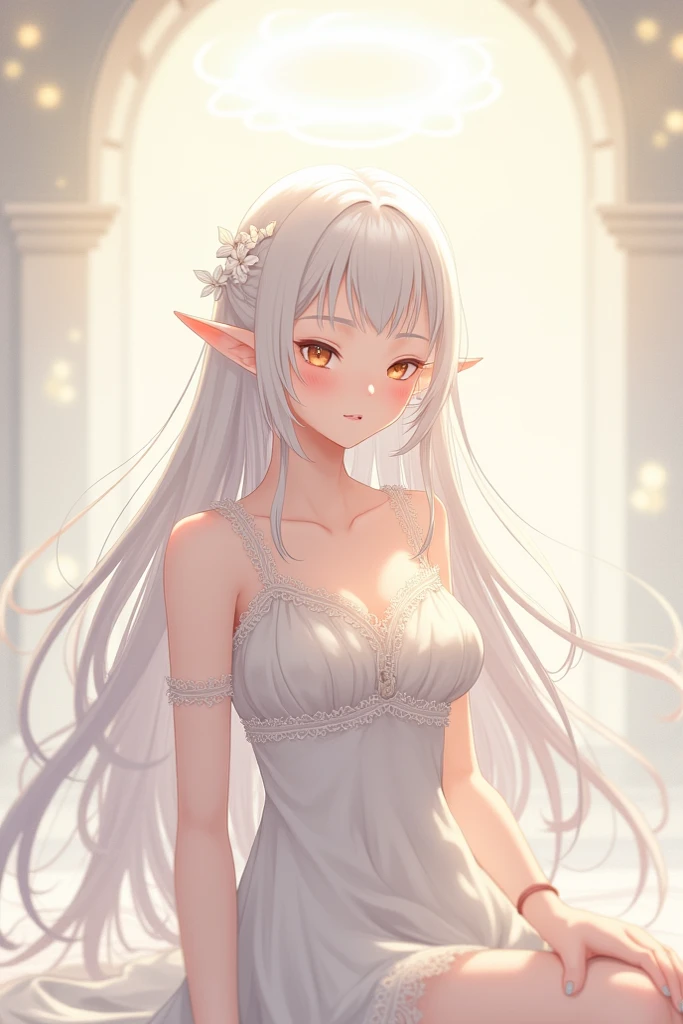 èèè®,1girl,solo,elf,white hair,grey hair,earrisleeveless dress,white dress,sleeveless dress,bare shoulders,collarbone,ngs,pointy ears,long hair,ponytail,green eyes,twintails,parted bangs,thick eyebrows,nsfw,small breasts,cleavage,arms behind back,, 20yo,Young female,Beautiful Finger,Beautiful long legs,Beautiful body,Beautiful Nose,Beautiful character design, perfect eyes, perfect face,expressive eyes,
looking at viewer,
official art,extremely detailed CG unity 8k wallpaper, perfect lighting,Colorful, Bright_Front_face_Lighting,shiny skin,
(masterpiece:1.0),(best_quality:1.0), ultra high res,4K,ultra-detailed,
photography, 8K, HDR, highres, absurdres:1.2, Kodak portra 400, film grain, blurry background, bokeh:1.2, lens flare, (vibrant_color:1.2), (beautiful_face:1.5),(narrow_waist), ,NSFW,, Exquisite visuals, high-definition,masterpiece,best quality,