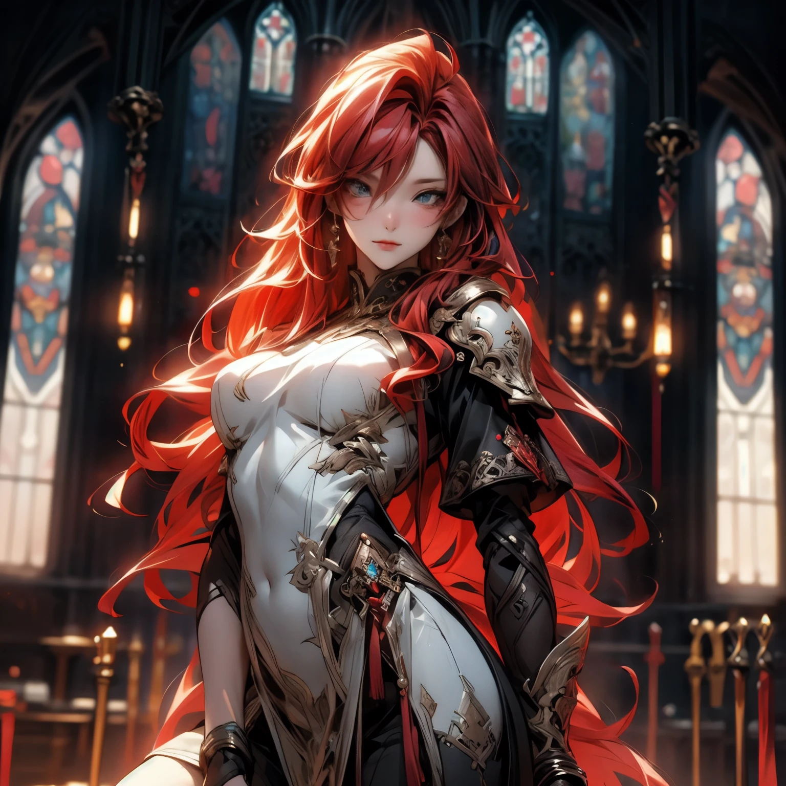 masterpiece, best quality 1girl, solo, beautiful woman, bangs, red hair, long hair, hair two side up, orange eyes, grin, medium breasts, armour, fantasy dress, looking at viewer.