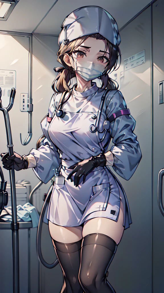 (masterpiece,ultra-detailed,best quality,8K,CG,realistic,illustration:1.2),(black nurse, 1girl, solo, black nurse cap, black nurse uniform, ((black legwear, zettai ryouiki)), black elbow gloves, twintails, yellow hair, purple eyes, ((black surgical mask, covered nose)), standing, ((surgery room)), sharp outline, short sleeves, best quality, masterpiece,Уши кошки, Уши кошки, 