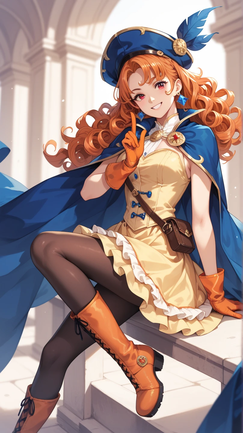 Arena-dq4, DQ4 Arena,Black Pantyhose,Blue Cape,Blue hat,boots,Curly Hair,Earrings,Long Hair,Orange gloves,Orange Hair,Red eyes,Sleeveless,Yellow Dress,Yellow Skirt, 1 girl, alone, Face-to-face audience, ["Gazing at the viewer, smile