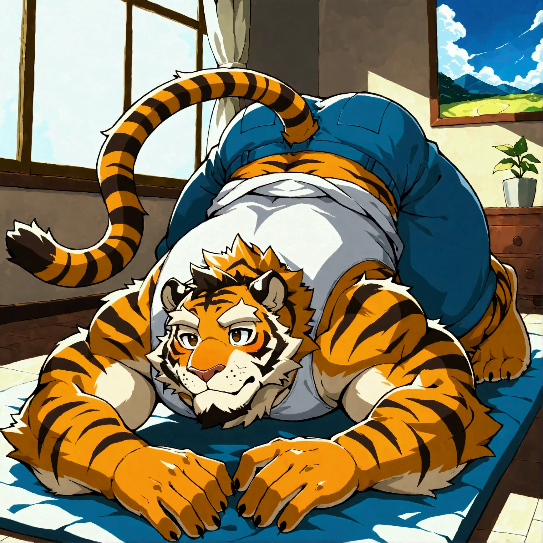 character focus, full body, looking away, various angle, a plump middle-aged tiger man, white tanktop, white brief, lying, relax pose, BREAK complete anatomy, perfect proportions, beautiful thigh gap, fluffy body, intricate fur details, beautiful fur texture, BREAK a detailed tiger 1tail, detailed toe, detailed foot, detailed hands, 5fingers, 5fingers nails, BREAK aesthetic anime face, insanity detailed face, male face, big face, square jawline, aesthetic anime eyes, detailed brown eyes, detailed brown cornea, detailed dark brown irises, detailed pupils, male eyes, big eyes, male eyebrows, innocent look, beautiful beard, BREAK full body in Michelangelo Buonarroti style, digital illustration anime, housamo style, detailed painting landscape, bedroom, indoor, full color, HDR, BREAK masterpiece, official art, best quality, very aesthetic, absurdres, super fine illustration, great quality, BREAK noise reduction, very highres, large filesize, high quality, 32K, 8k wallpaper, dynamic lighting, BREAK insanity detailed, ultra detailed, intricate details, extremely detailed, detailed texture, an extremely delicate and beautiful, BREAK osukemo, e621 illustration, kemohomo, anthropomorphic, furry, cartoon, harmonious body, pastoral face, virtuous eyes, cute atmosphere