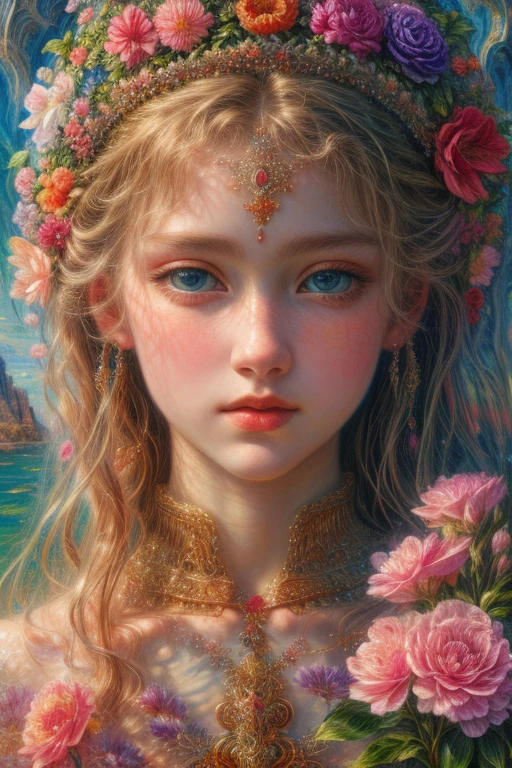 paint a decorative painting,little prince wearing crown,3 boy,Childish face,Bright and harmonious colors,(Decorative painting:1.6),dressed in:Exquisite and noble robe,Elaborate Eyes,delicated face,Large breasts, Large breasts,elaborate earrings,simple backgound,Lots of flowers around,flowers blooming,A sea of flowers,(tangled,datura,Tangles,entangled), (s fractal art: 1.3),simple backgound,Upper part of the body,