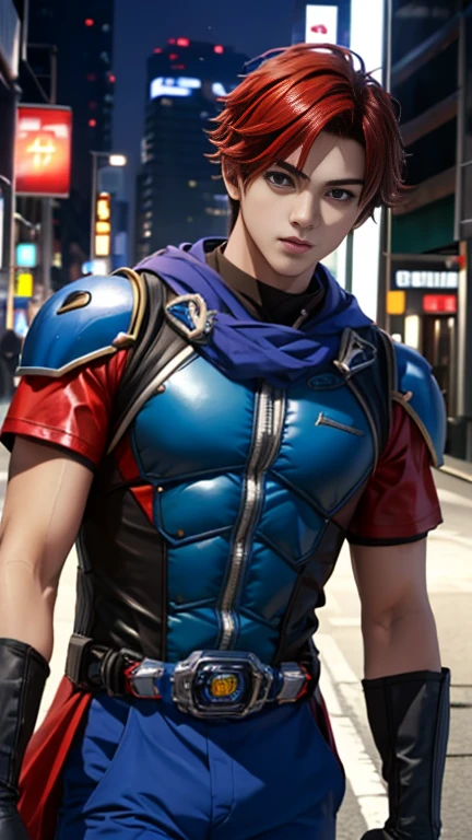 Backstreets,    Japanese ,      handsome young man      , Glowing Kamen Rider Suit          , 18 years old,      Toned and Muscular      ,   tall  ,    long hair,      red    、