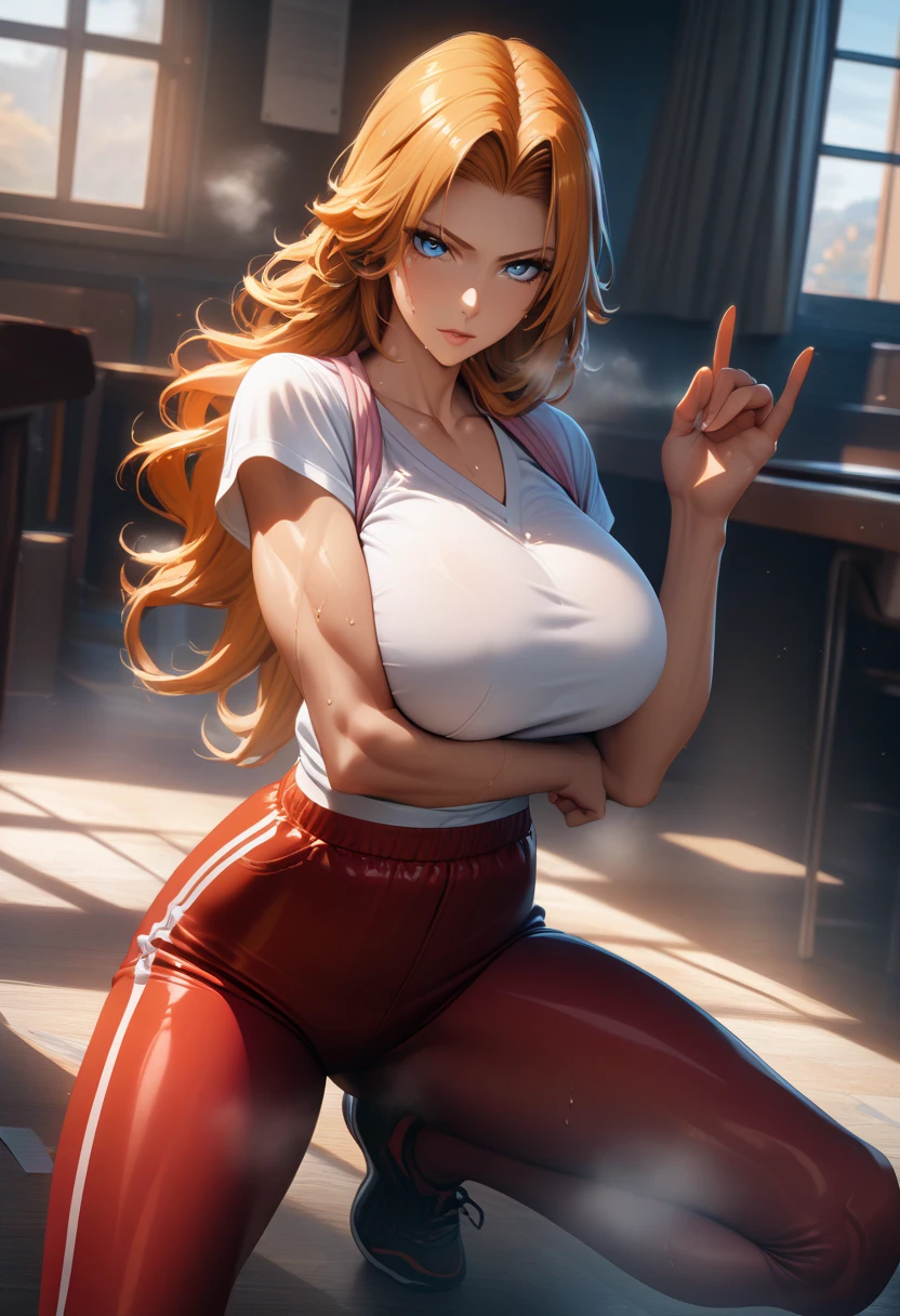 masterpiece,best quality,high resolution,8k,ultra HD,wallpaper,illustration,perfect face,cowboy shot,beautiful detailed eyes,extremely detailed face,perfect lighting,extremely detailed CG,perfect anatomy,perfect body,perfect hands,perfect fingers,1woman,full body,,muscle fighter body,(orange long hair),light blue eyes,large breasts,Medium ass,medium nipples,(white sports shirt),red sports hot short pants,clothed,,collarbone,,looking at viewer,(),Steam,sweat, school,(Bleach character Matsumoto Rangiku),adult,