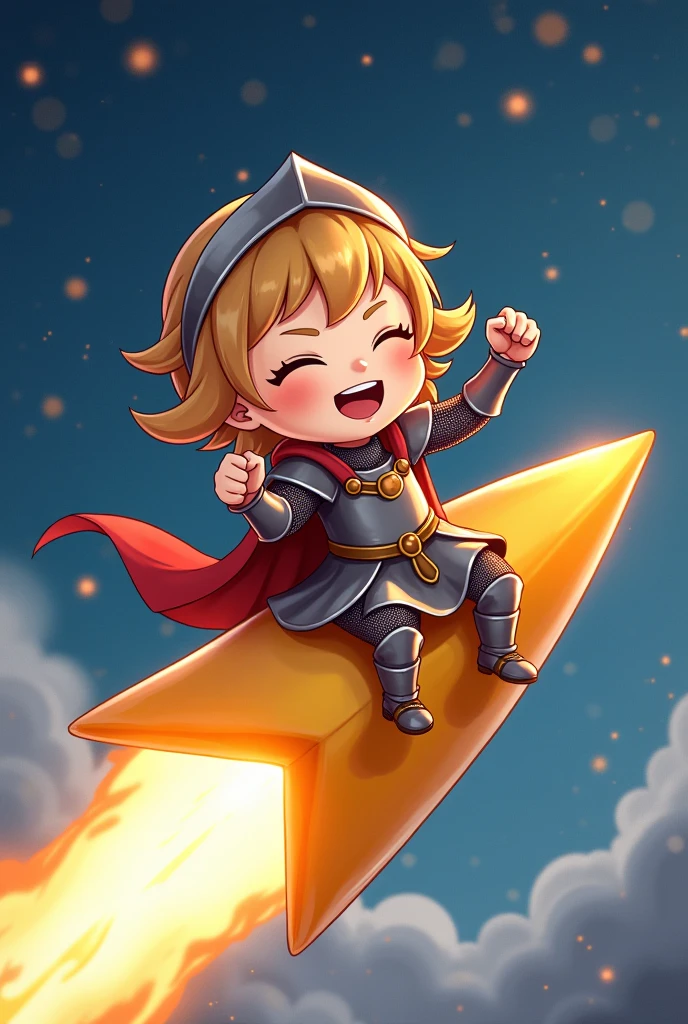 A chibi character of Joan of Arc coming on a shooting star, smiling and pumping her fist, a smiling shooting star, cute fantasy illustration art, ultra detailed, absolutely resolution, masterpiece