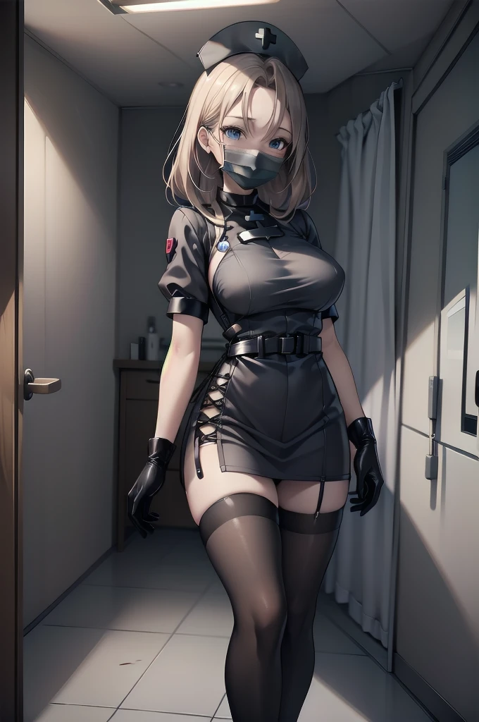 black nurse, 1woman, solo, black nurse cap, black wear, ((black legwear, zettai ryouiki)), black elbow gloves, blonde hair, blue eyes, ((black surgical mask, covered nose)), standing, ((surgery room)), sharp outline, short sleeves, mature female, 35 years old, best quality, masterpieceУши животных, Уши кошки, 