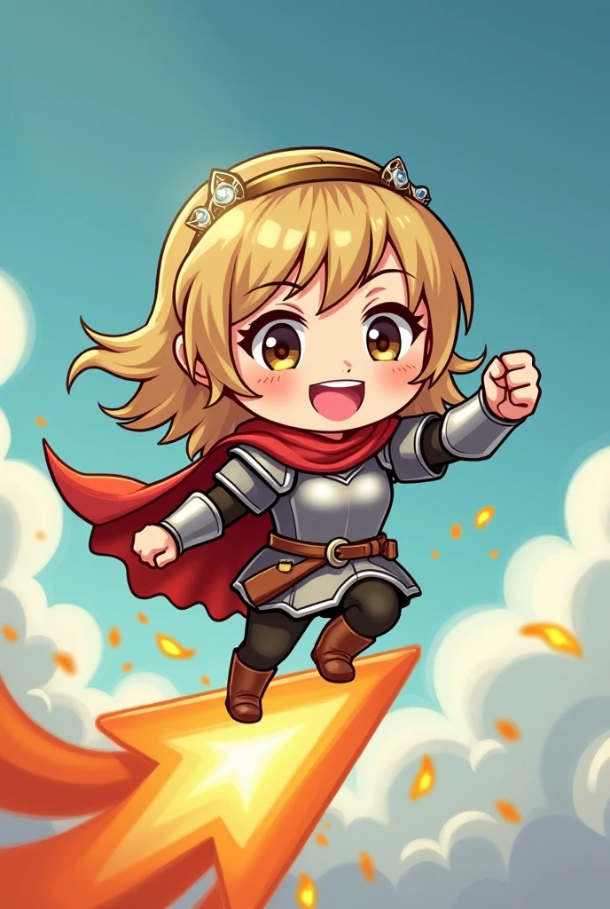 A chibi character of Joan of Arc coming on a shooting star, smiling and pumping her fist, a smiling shooting star, cute fantasy illustration art, ultra detailed, absolutely resolution, masterpiece