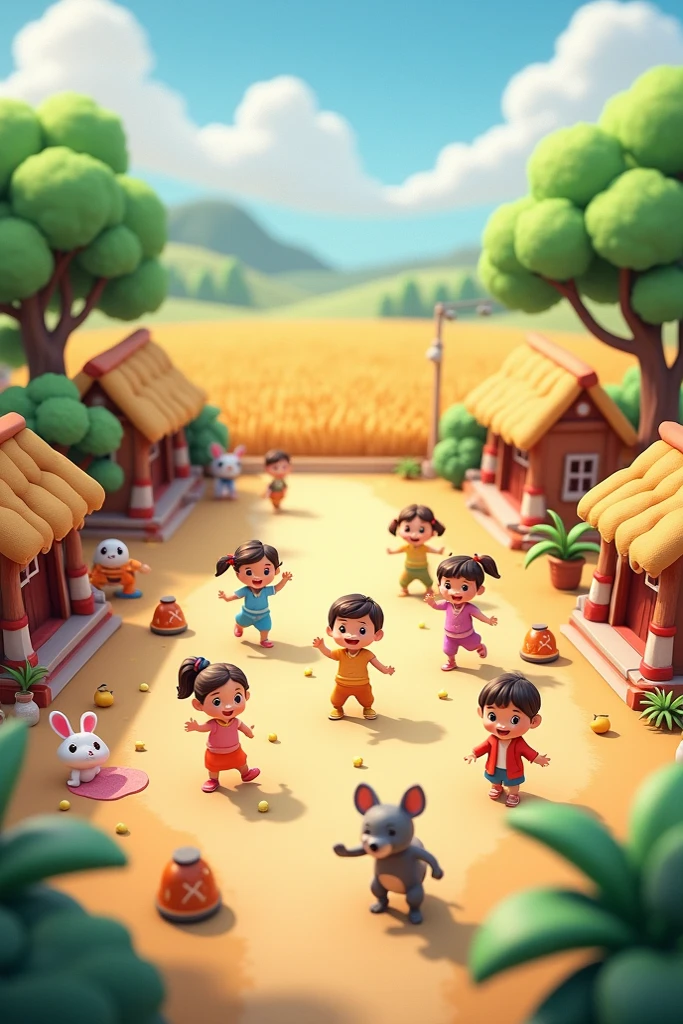 3d Courtoon emage खेल का दृश्य: गाँव का आँगन, मिट्टी का मैदान,
