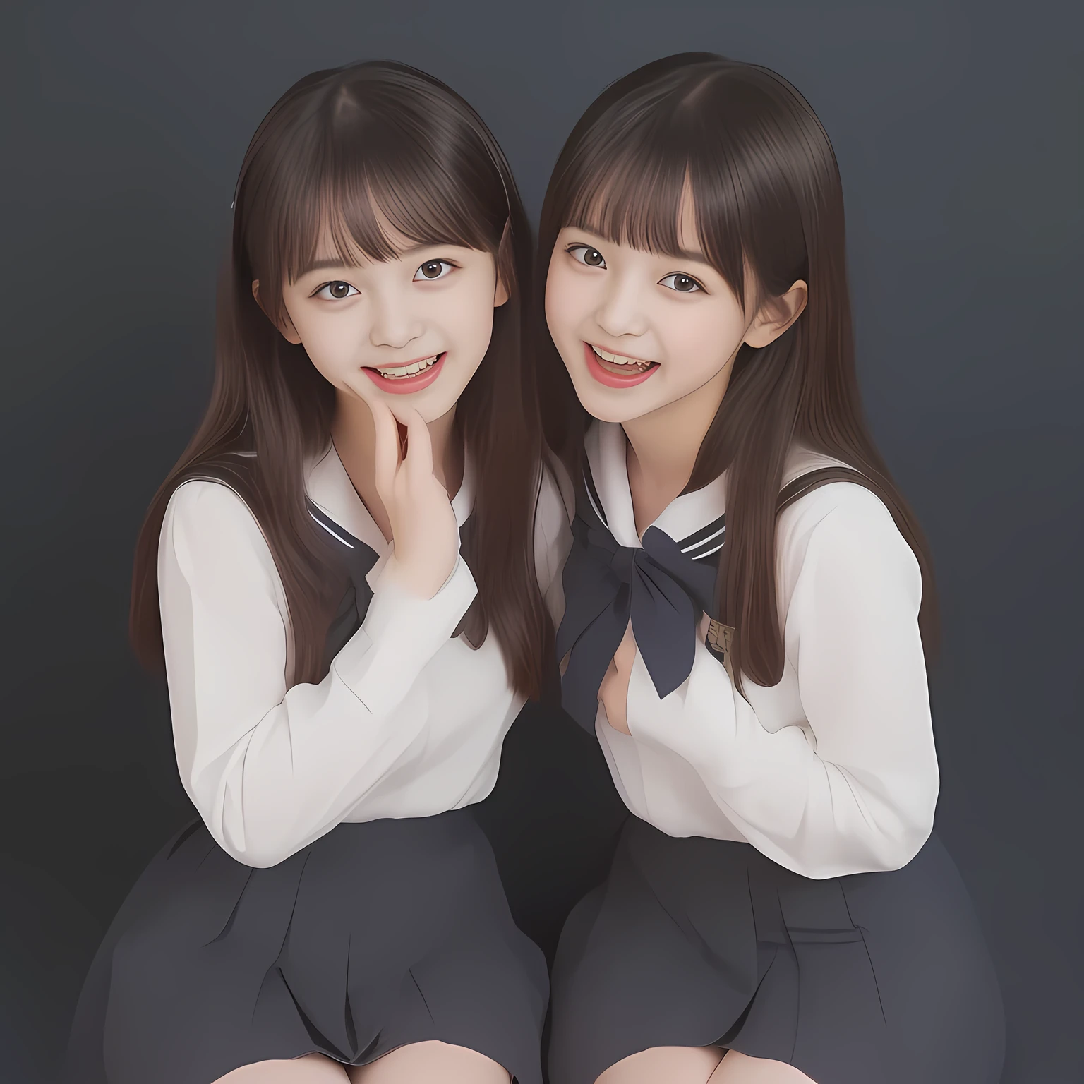 (Highest quality, masterpiece:1.2), Highest quality, High resolution, 1080P, 8k, (Two 13yo Japanese slender 清楚美少女アイドル are seated and give strong subliminal sexual invitation and temptation, cute skirt with beautiful knees, looking at the viewer, viewer's first lover, can't stop showing cute smile open mouth because of feeling the viewer too ridiculous, very white-white face, very proud of her long straight black hair, using face-whitening cosmetics, 13yo 美少女's eyes, Small pupils, laughing giggling most open mouth, too expensive navy sailor-styled school uniform, well-straitened super-long well-trimmed long hair, evenly neatly trimmed girly cute bangs: 1.5), (Laughing blushed cheeks with dimples), (Well-balanced, impressive, very intelligent, double-eyelids, black shining large eyes of 13yo 美少女 with detailed: 1.5), ((Beautiful well-figured glossy opened laughing lips: 1.2)), (mature breast), (The viewer is forced to madly kiss her breast ribbon), (Very beautiful, super-glossy, cute neat black amazingly long hair, straight well-done long hair-style: 1.3), (plain blue background: 1.6), (((Completely balanced beautiful big cool eyes: 1.3))), (eyes, face and hair are especially beautifully detailed and beautifully drawn: 1.5), (She makes the viewer drink her love ribbon: 1.2), (the viewer become crazy and can't stop bursting and running every liquid to 清楚美少女, 美少女 is surprised : 1.7), (School uniform, too-cute slender 13歳 super-long-hair Japanese 美少女 idol twins are laughing at me and unties the breast button and make the viewer drink it: 2.0), (Super long hair super-beautiful 美少女 super-cute face navy-sailor-suit school-uniform pretty slender 美少女 of 美少女 photo magazine in the 1990s: 2.0), (Atmosphere and expressions and all the symbols are cleverly devised traps to force the viewer fall quickly into eternal deep deep unreal sexual pleasure of beautiful girl's inevitable embrace hypnosis: 2.0)