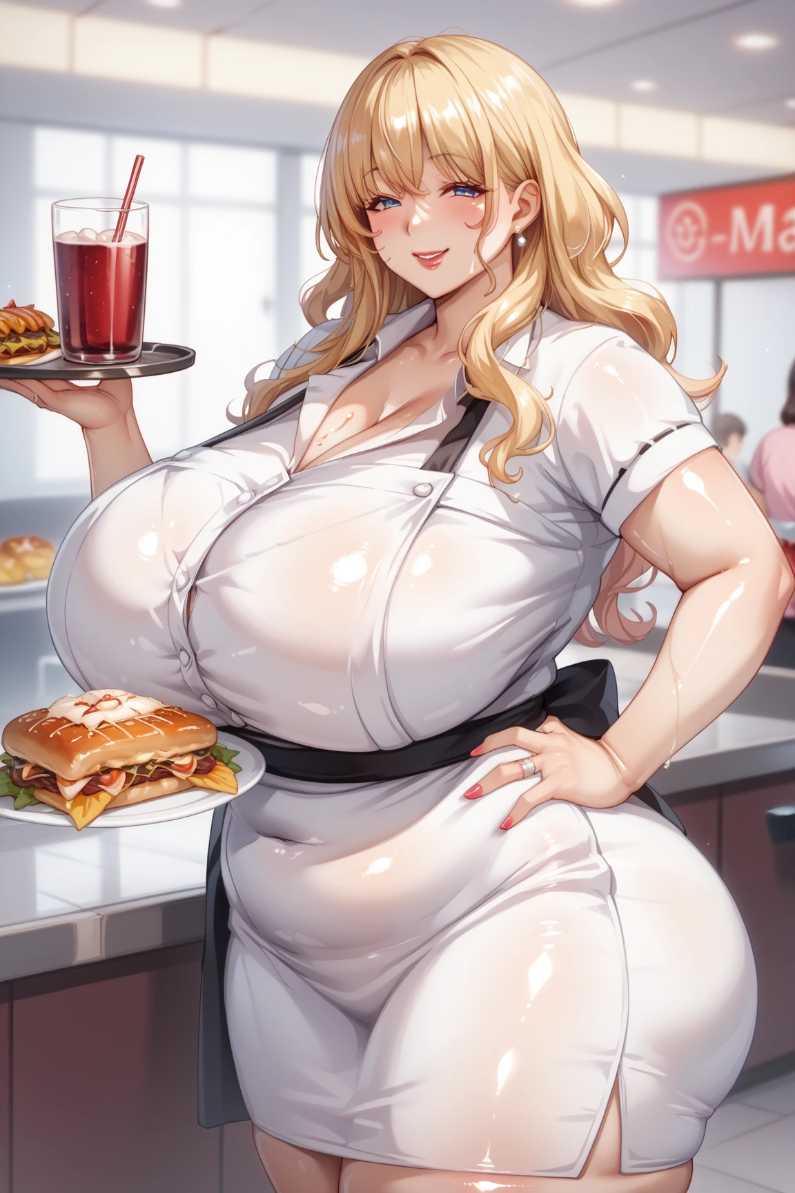 One mature woman、50th Generation、White women、diner、 unbelievably big breasts 、 very big butt、 plump 、 plump 、Thick waist、 chubby、Ash Blonde、oily skin、  shiny skin、  wet skin  、 wavy hair、  embarrassing、smile、Details、 Close your eyes、Hold a tray with food and drink on it、 waitress uniform 、apron、 mini tight skirt、Wedding Rings、straight-on,GiganticBreatsXL,gigantic breasts,huge breasts,mature female, milf, motherly、hand on own hip