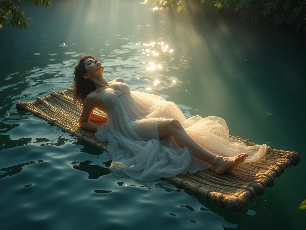 photorealistic of a stunningly beautiful goddess lying down on a bamboo raft, wrapped in tulle sheet bare skin, black short hair, lying back stance, straightened legs, surrounded by a whirl-water and glittering fog, amidst a surreal,as a burst of light illuminates her perfect, radiant features, with a mesmerizing, cinematic glow, and dynamic, intricate details, in a highly realistic, high angle shot, bottom-front viewer, big crescent moon reflected on the water as background scene
