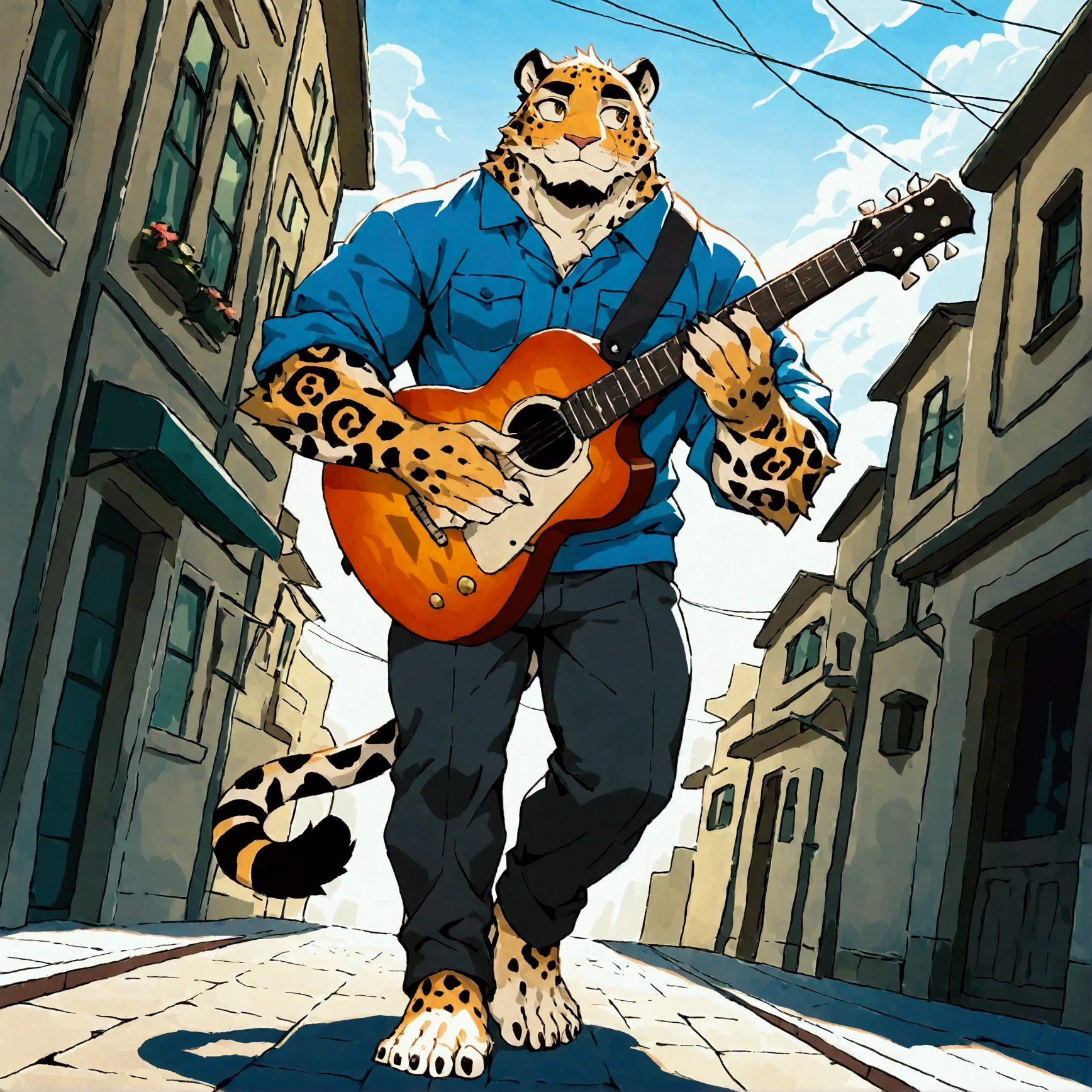 character focus, full body, looking away, dynamic angle, a mariachi, middle-aged mexican jaguar man, happy, light smile, costume clothes, guitar, shirt, pants, standing, musical performance, dynamic pose, BREAK full body in Michelangelo Buonarroti style, housamo style, digital illustration anime, detailed painting landscape, mexican street, outdoor, full color, HDR, BREAK complete anatomy, perfect proportions, beautiful thigh gap, fluffy body, intricate fur details, beautiful fur texture, BREAK a detailed jaguar 1tail, detailed toe, 5toes, 5toes nails, beautiful foot, detailed hands, 5fingers, 5fingers nails, BREAK aesthetic anime face, insanity detailed face, male face, big face, square jawline, aesthetic anime eyes, detailed brown eyes, detailed brown cornea, detailed dark brown irises, detailed pupils, male eyes, big eyes, male eyebrows, innocent look, beautiful beard, BREAK masterpiece, official art, best quality, very aesthetic, absurdres, super fine illustration, great quality, BREAK noise reduction, very highres, large filesize, high quality, 32K, 8k wallpaper, dynamic lighting, BREAK insanity detailed, ultra detailed, intricate details, extremely detailed, detailed texture, an extremely delicate and beautiful, BREAK e621 illustration, osukemo, kemohomo, anthropomorphic, furry, cartoon, harmonious body, pastoral face, virtuous eyes, happy atmosphere