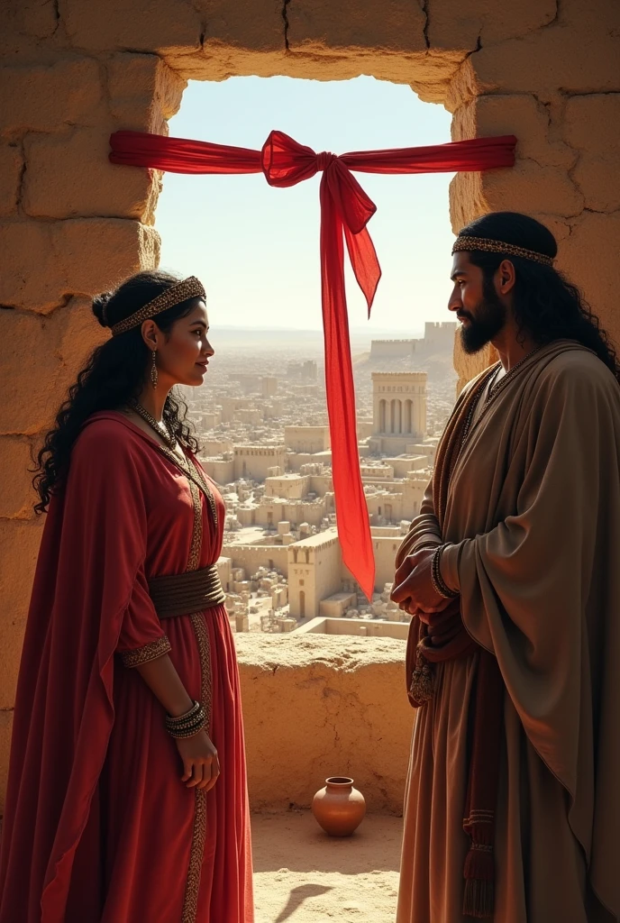 A vivid and detailed depiction of the wife of Cain in the land of Nod, an arid and inhospitable environment. The image captures the couple in a moment of unity despite the overwhelming challenges. Cain carries the burden of his crime, with a solemn expression, while his wife stands by him, embodying strength and resilience. The city of Enoch is under construction in the distance, with large stones being laid, symbolizing their determination to rebuild their lives and create a new beginning for their descendants.