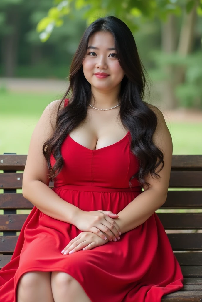 20 year old beautiful girl, fat girl, (chubby body)、round face, chubby face, double chin, Korean、High-quality faces、big eyes、No makeup、Long smooth Hair、red dress, big breast, sitting on a park bench