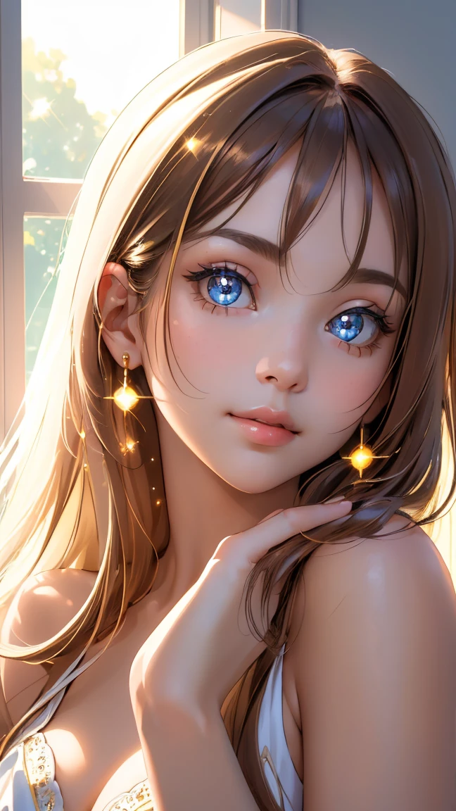 (((obra maestra))), 1chica, Super detailed,, (flirtatious expression), ((super cute face)), ((cara angelical)), ((Incredibly beautiful eyes)), (ojos luminosos), (cuerpo completo), (cabello luminoso), Super sexy hair, (manos delicadas y perfectas), (Perfect anatomy), Super delicate and sexy body, Pose sexy, (Super thin face), ((ulzzang)), Delicate features, ultra detalladas, mejor calidad, Cinematic lighting, belleza cautivadora, mirada sexy, fondo bonito de estrellas