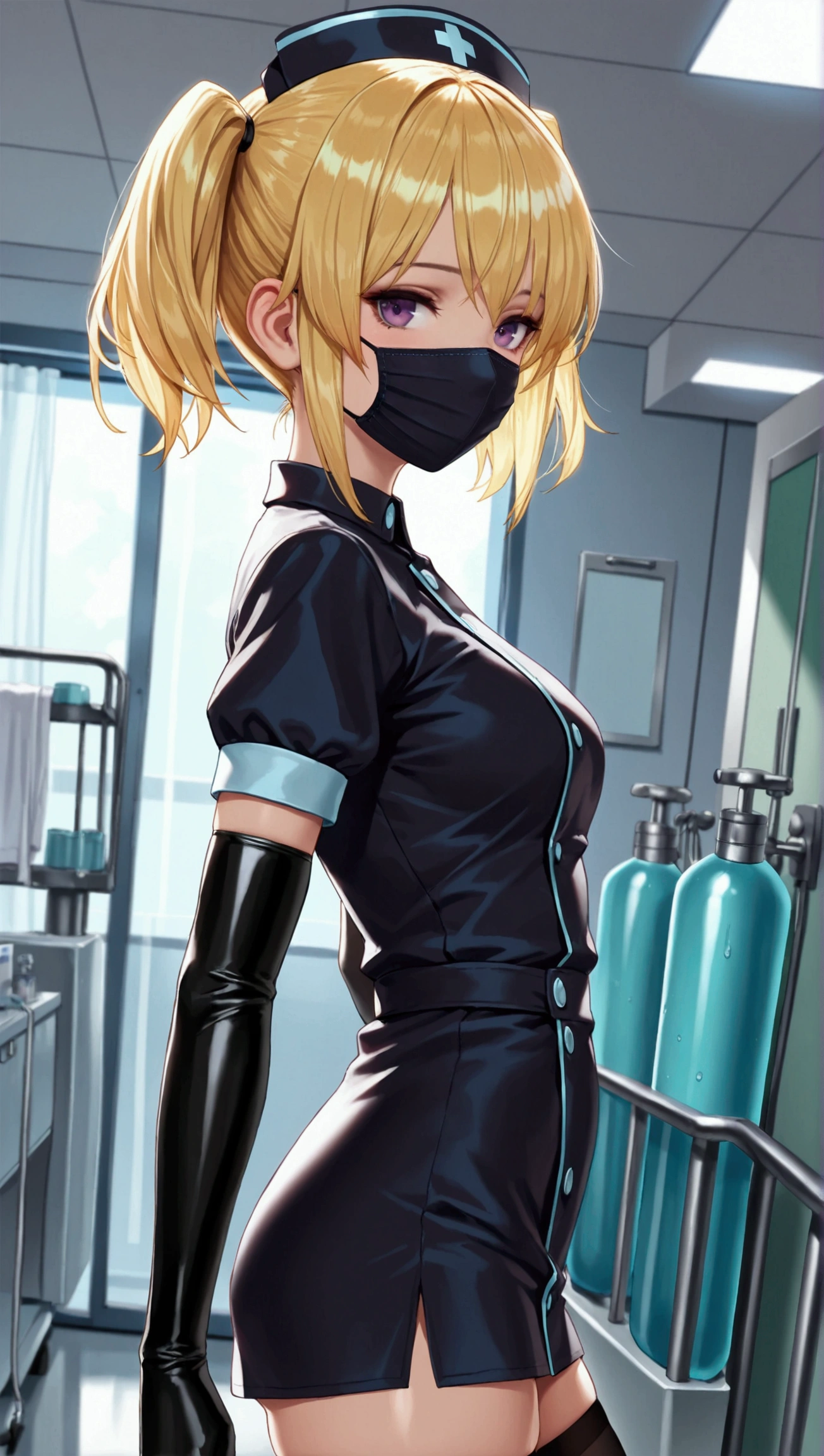 (masterpiece,ultra-detailed,best quality,8K,CG,realistic,illustration:1.2),(black nurse, 1girl, solo, black nurse cap, black nurse uniform, ((black legwear, zettai ryouiki)), black elbow gloves, twintails, yellow hair, purple eyes, ((black surgical mask, covered nose)), standing, ((surgery room)), sharp outline, short sleeves, best quality, masterpiece