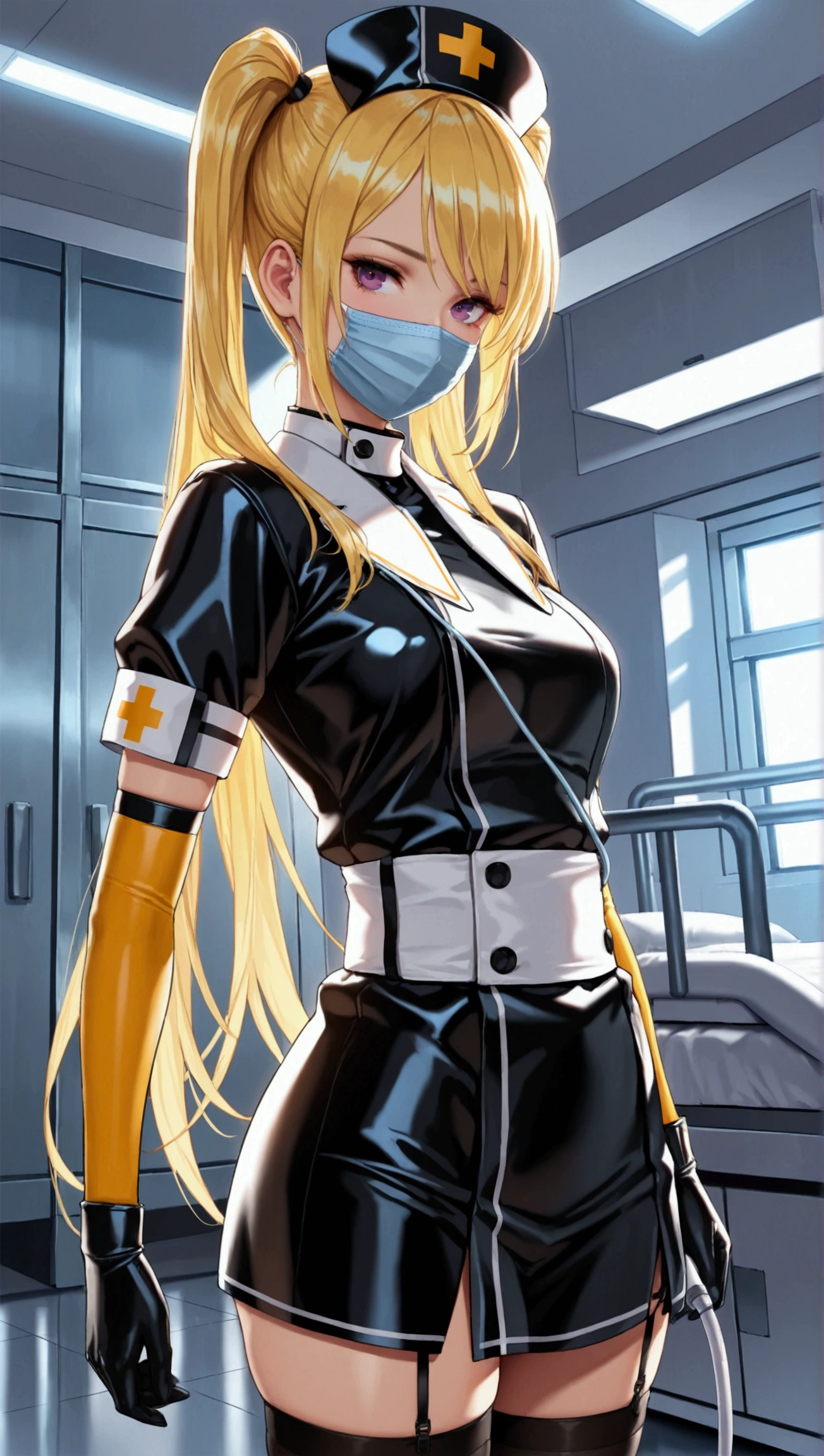 (masterpiece,ultra-detailed,best quality,8K,CG,realistic,illustration:1.2),(black nurse, 1girl, solo, black nurse cap, black nurse uniform, ((black legwear, zettai ryouiki)), black elbow gloves, twintails, yellow hair, purple eyes, ((black surgical mask, covered nose)), standing, ((surgery room)), sharp outline, short sleeves, best quality, masterpiece