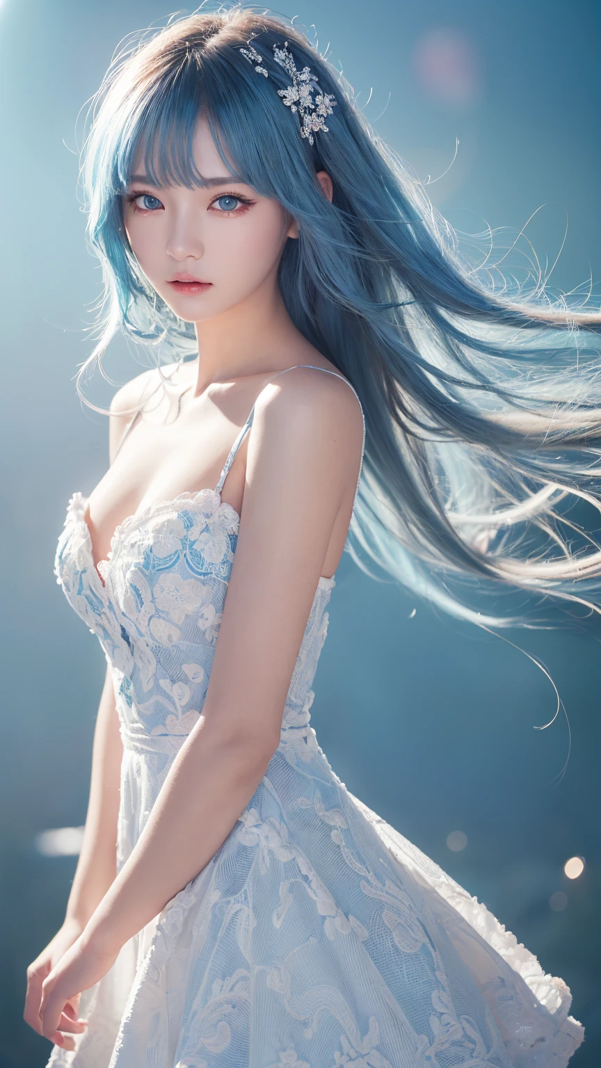 (超 high definition , masterpiece,  Anatomically Accurate , textured skin,  super detailed,  best quality,  high definition , 8k）Light blue hair, Blue Eyes,   blue and white,  bright color,  white dress,  simple background,  ray tracing ,  wavy hair、Virtual Space、future、SF、