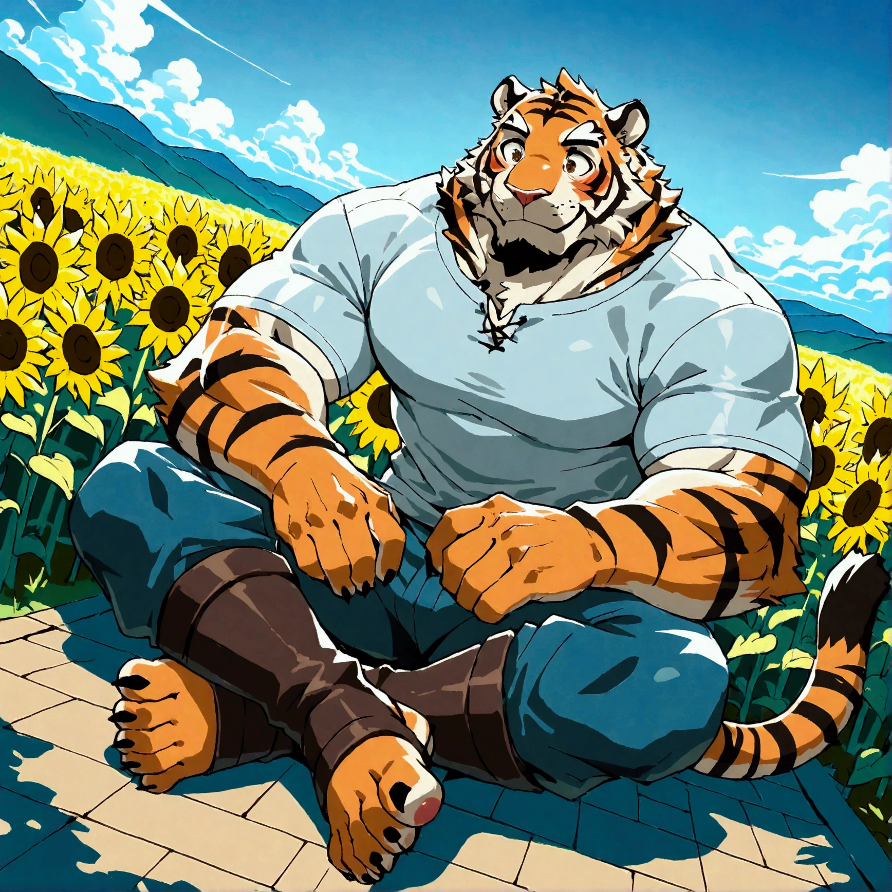 character focus, full body, looking away, dynamic angle, bard, middle-aged tiger man, happy, little smile, lute, costume clothes, shirt, pants, boots, sitting, musical performance, BREAK full body in Michelangelo Buonarroti style, housamo style, digital illustration anime, detailed landscape design, afternoon, path, sunflower field, outdoor, full color, HDR, BREAK complete anatomy, perfect proportions, beautiful thigh gap, fluffy body, intricate fur details, beautiful fur texture, BREAK a detailed tiger 1tail, detailed toe, 5toes, 5toes nails, detailed foot, detailed hands, 5fingers, 5fingers nails, BREAK aesthetic anime face, insanity detailed face, male face, big face, square jawline, aesthetic anime eyes, detailed brown eyes, detailed brown cornea, detailed dark brown irises, detailed pupils, male eyes, big eyes, male eyebrows, innocent look, beautiful beard, BREAK masterpiece, official art, best quality, very aesthetic, absurdres, super fine illustration, great quality, BREAK noise reduction, very highres, large filesize, high quality, 32K, 8k wallpaper, dynamic lighting, BREAK insanity detailed, ultra detailed, intricate details, extremely detailed, detailed texture, an extremely delicate and beautiful, BREAK e621 illustration, osukemo, kemohomo, anthropomorphic, furry, cartoon, harmonious, pastoral face, virtuous eyes, epic atmosphere