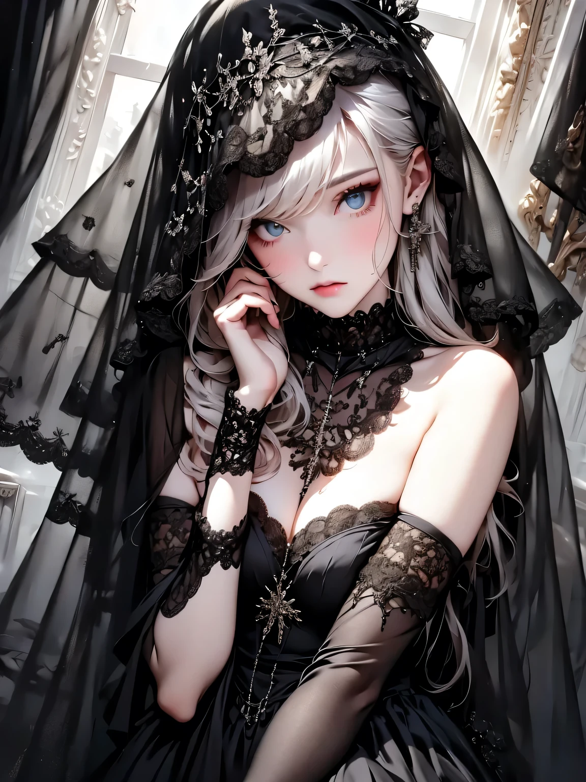 Full body image、Stand、((masterpiece, best quality, Very detailed, High resolution)), alone, beautiful girl, Shining Eyes, Perfect Eyes, , Black White Gold theme, Gothic style,　elegantic gothic dress, Lace Face Veil.
