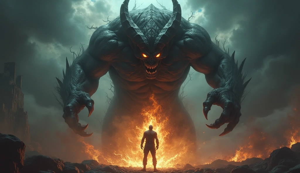 In 3D animation style:The fierce demon standing protectively in front of the glowing jewel, its eyes blazing with anger as it confronts Arjun.