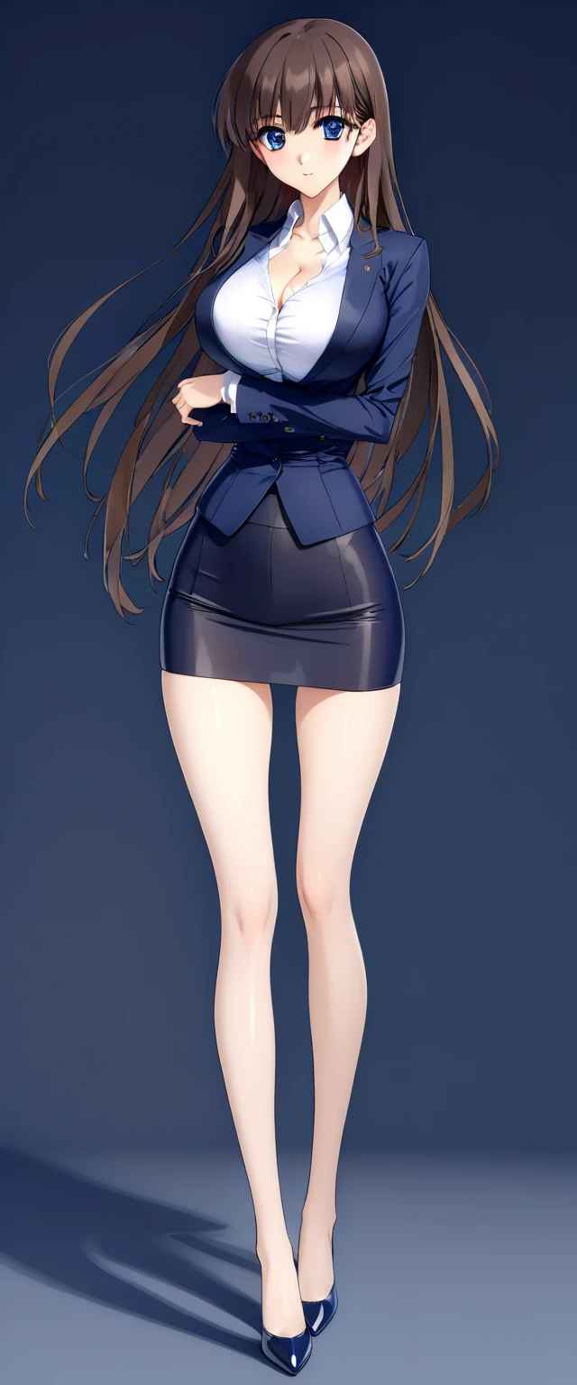 Megumi Kato,  1 girl , Alone, bangs,  brown hair, (((Female lawyer, ( formal suit micro mini skirt that shows only a little bit of crotch,  High Waist Micro Mini Pencil Skirt ),  white shirt,   Navy Blue Jacket,Big Breasts、 cleavage、Thin legs)))、 perfect body,  Anime Virtual YouTuber Full Body Model , ((Full body of a single character,  standing in a splendid posture , short!,  full body shot超詳細))、 skinny, Alone, 1 female,   Masterpiece ,   best quality ,   best quality , 16k,  Incredibly Ridiculous,  high definition, 2.5D, AI-generated, Delicate and dynamic,  Very delicate facial expression,  delicate eye depiction,  Erotic , only  sexy woman, ((A cute and kind face)),((((Beautifully detailed eyes、 beautiful detailed eyes from outside the train))))、 Healthy body shape, ((25-year-old woman)), Height: 170cm,  Moderately Firm Swaying Bust , sexy, (( Thin Thighs )),,  shiny, 視聴者にfrontを向いている, smile, ((Oily_skin)), (((( full body shot、 straight hair)))),  Erotic  pose,  fashion model posing with faded gray hair,   fashion model style DJ, (((micro mini length pencilskirt、front、You can fully see your thighs 、Very thin thighs、Long beautiful legs、痩せていてBig Breasts、 navy blue flawless micro mini pencil skirt)))、whole body、entire body、full body、total body、((((CowboysHot、downwards、from front、 simple background))))、(( cross your arms、 sexyポーズ))