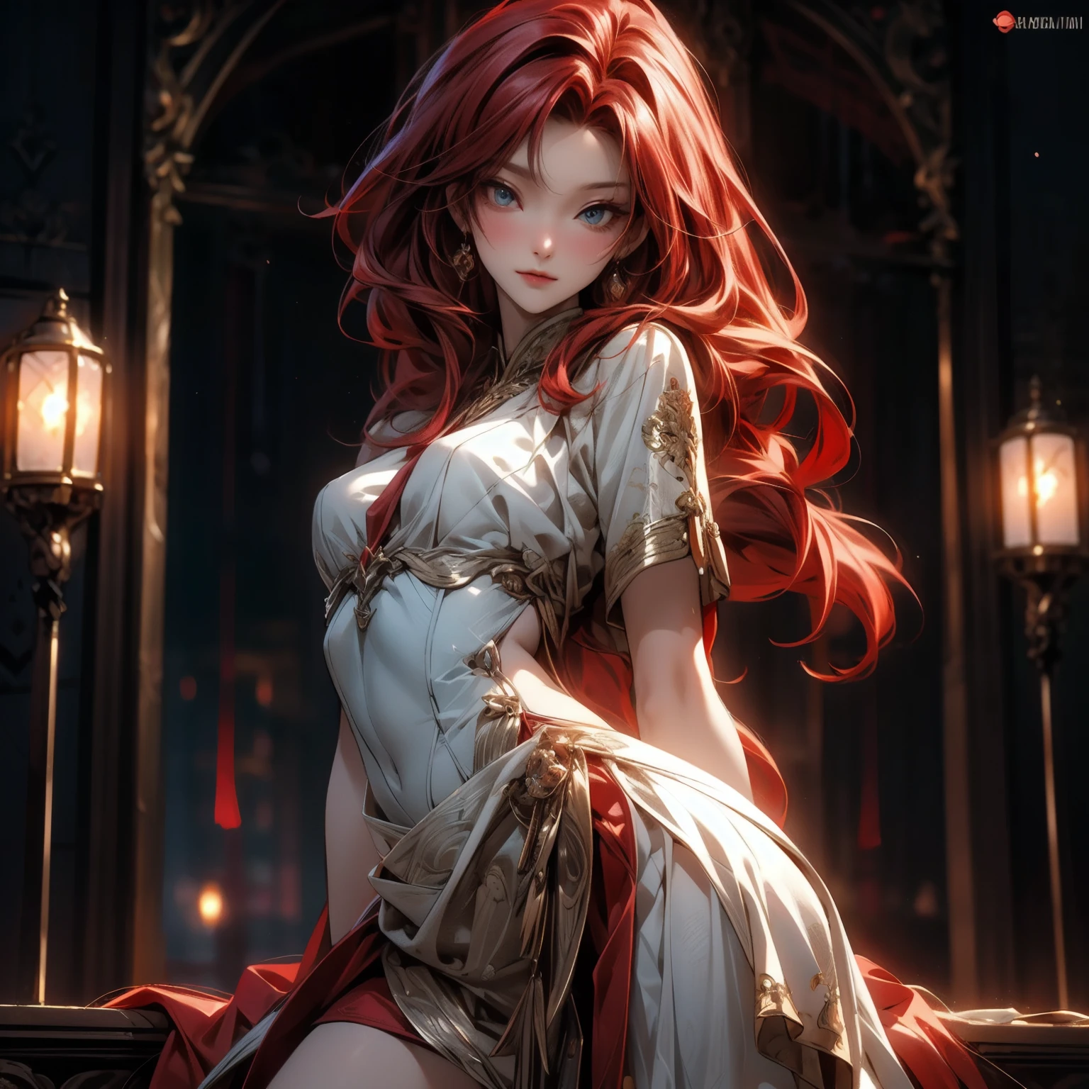 Princess with red hair with some pink tint, with a braid on one side of the hair, burning red eye.  Beautiful body big chest ass,  standing showing dress and thigh in long black stockings, of jump . At the bottom of the house there is a castle.