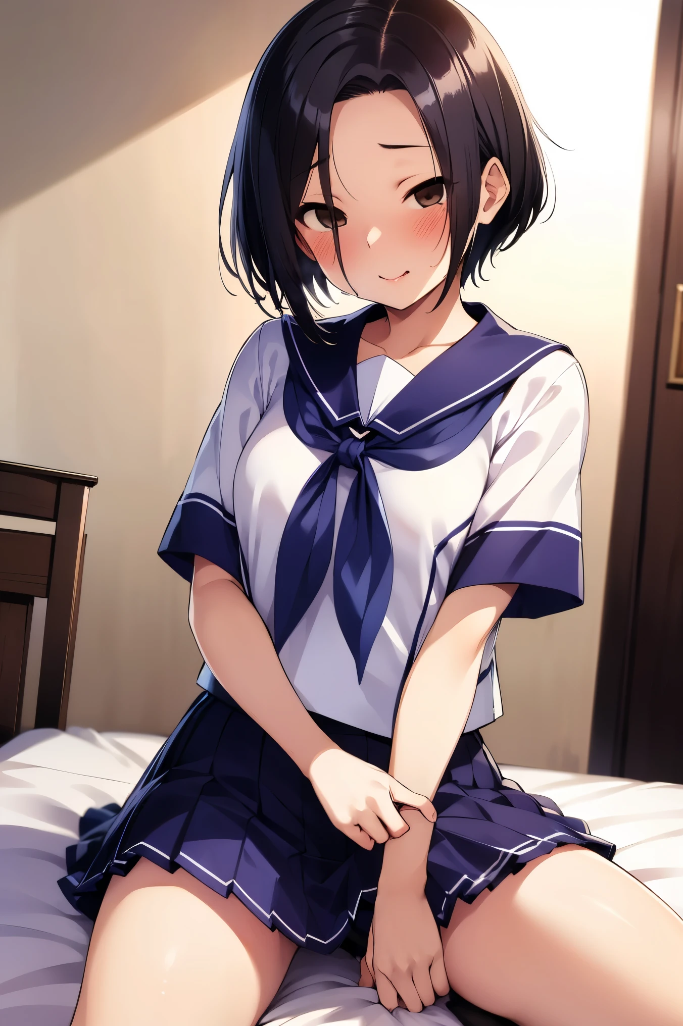 NSFW,masterpiece, best quality, high definition , very detailed,Ah-rinko 、 shorthair、 black hair、 bob cut , sailor suit 、 sailor color、 blue neckerchief、 white shirt、Short sleeve、 pleated skirt 、Blue Skirt, Love Hotel, bedroom, dark room,blush,Embarrassed,Heavy breathing