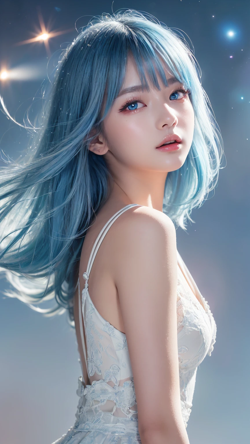 (超 high definition , masterpiece,  Anatomically Accurate , textured skin,  super detailed,  best quality,  high definition , 8k）Light blue hair, Blue Eyes,   blue and white,  bright color,  white dress,  simple background,  ray tracing ,  wavy hair、Virtual Space、future、SF、Particles of light、whole body、