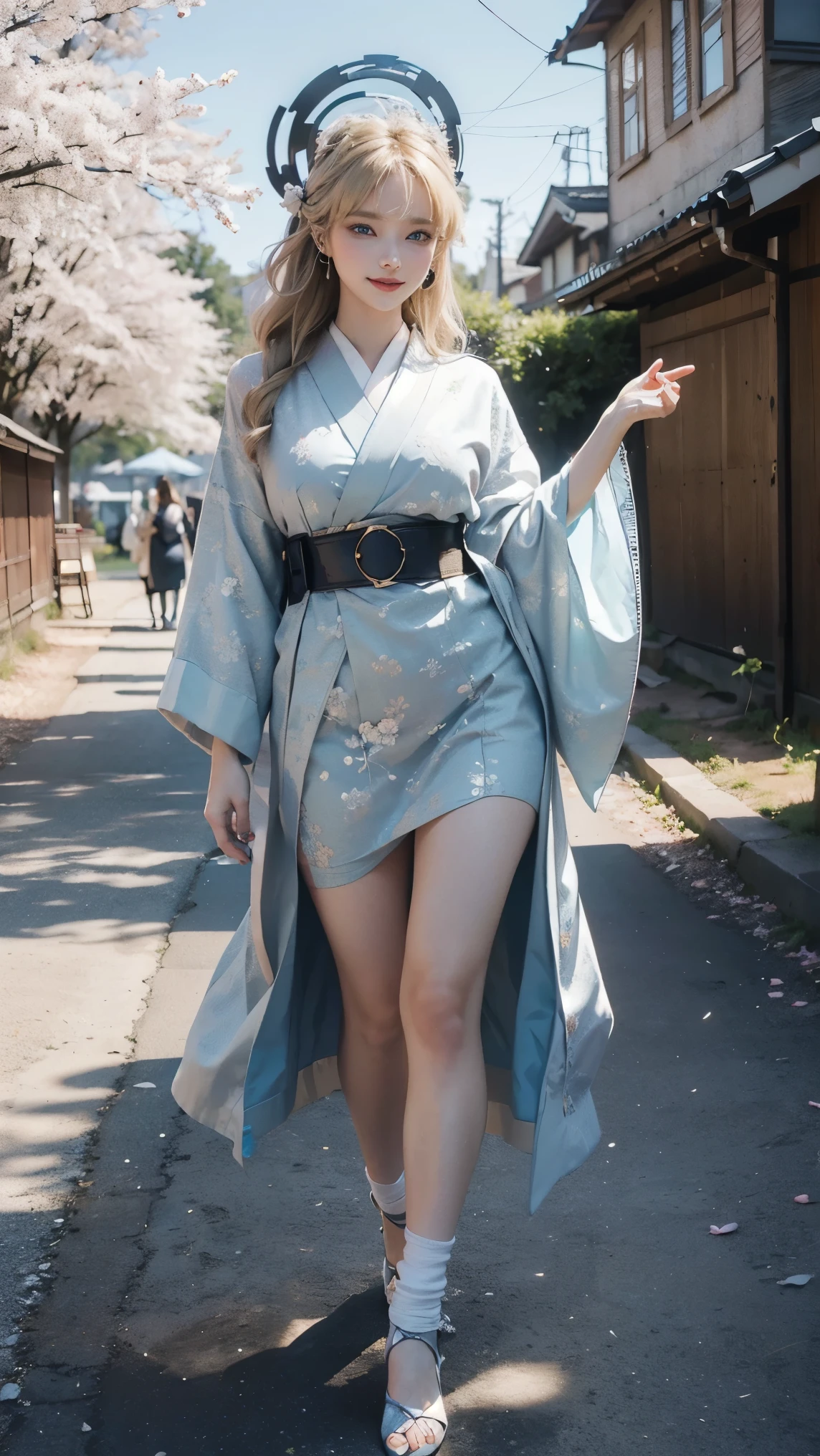 ((Highest quality)), ((masterpiece)), (detailed), Surreal,1人のgirl, sexy,Medium to long hair, Blonde,girl, Traditional Kimono, Calm expression,The undergarment on the lower half of the body is visible., background, a few trees, Pale gradation sky, Fine lineart, Soft Shadows, Sparkling details