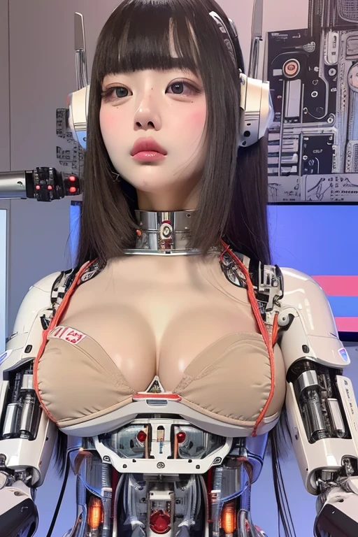 masterpiece, best quality, extremely detailed, (photorealistic:1.4), (RAW photo) (RAW photo) (8K, 4K, Best Quality, hight resolution, 超A high resolution:1.1), (masutepiece, Realistic, Photorealsitic:1.1), 1girl in, Japaese Cyborg girl,Plump , control panels,android,Droid,Mechanical Hand, Robot arms and legs, Black Robot Parts,Black hair,Mechanical body,Blunt bangs,White robotics parts,perfect robot girl,future information counter,reception,long tube,thick cable connected her neck,ceramic body ,mechanical body, ear antenna,mechanical ear cover, loose boots,mechanical costume,android,robot,humanoid,cyborg,information office,japanese android receptionist ,mechanical chest,full eyes,