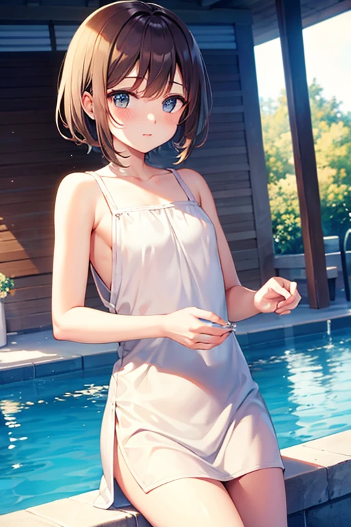 masterpiece,  best quality,  high definition ,  very detailed,(((Shirasaka Koume))), ((( 1 girl))), (((solo))), (((Blonde))), (((Brown Hair))), ((( shorthair ))), ((( hair covering one eye ))), (((Wear a wet white shirt that you can see through))), (((smile))), (((Around town))), (((handrail))), (((lake))), (((Daytime)))