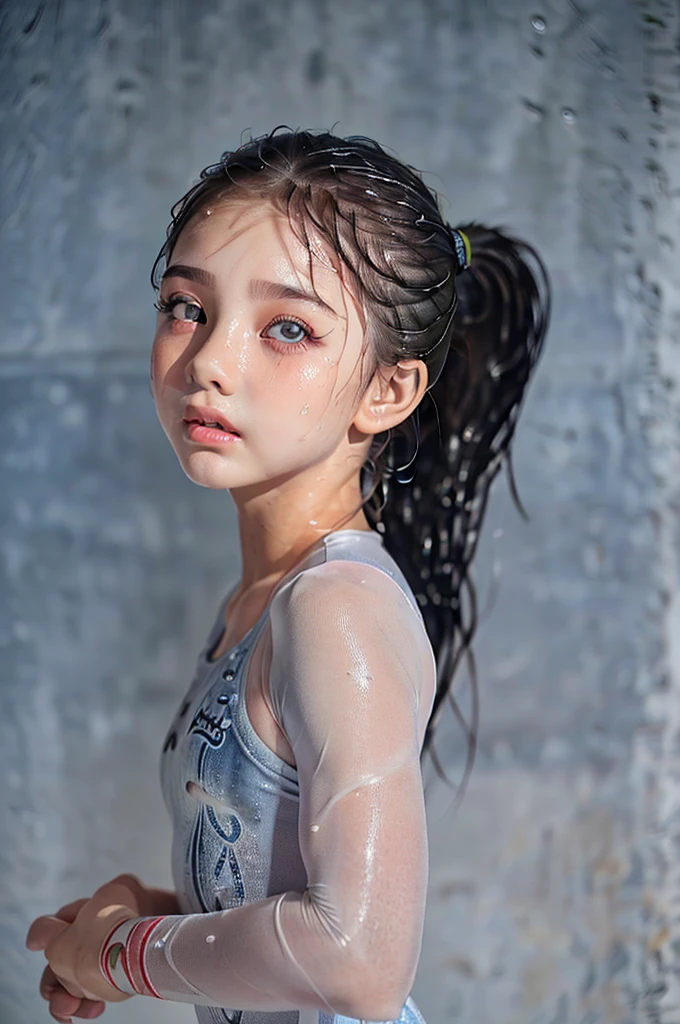 (8k, RAW photo, top quality, masterpiece, photo-realistic, depth of field:1.2),(full body shot:1.3),(I-Balance Pose:1.5),(wet hair, wet skin, oily skin, sweaty clothes, sweaty grey leotard:1.3),beautiful detailed eyes, beautiful detailed lips, extremely detailed eyes and face, long eyelashes, young girl,(female gymnast:1.3) 