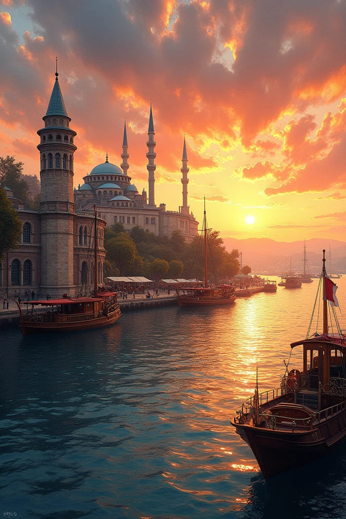 drawing, atmospheric, skyline, skyline of Istanbul, silhouette, foggy, mysterious, warm colors, golden light, high quality, 4k, high resolution, ultra high resolution, intricate detail, detailed texture
