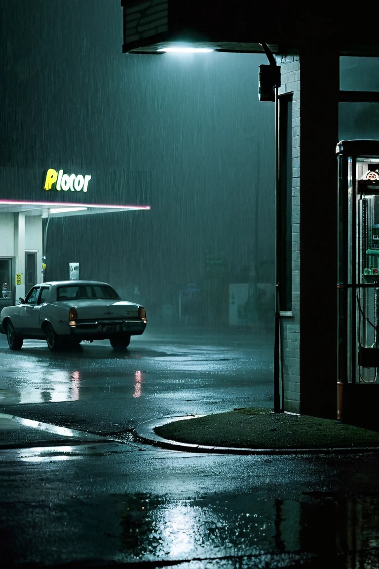 A deserted urban street at night, bathed in the stark contrast of darkness and the intermittent glow of street lamps. The cobblestone road, slick with the recent downpour, reflects the eerie neon lights that flicker from the storefronts. A solitary car, its headlights cutting through the mist, approaches a lonely gas station, its canopy casting a pool of light onto the pavement. The gas pumps stand sentinel-like under the buzzing fluorescent lights, their shadows stretching long and menacing into the night. The thriller ambiance is palpable, as the car's tires echo on the wet asphalt, and the faint sound of raindrops patter against metal surfaces. The car's reflection in a puddle distorts, revealing a dark shadow lurking just out of view. The gas station's sign, though dimmed by the rain, flickers with a mysterious message. Each droplet on the window of the car seems to carry a secret, as the scene unfolds like a still from a noir film, the tension hanging in the air as thick as the mist that clings to the street corners. The vibrant neon hues of the nearby store signs, "Open" and "Liquor," offer a jolting juxtaposition to the surrounding gloom, hinting at the hidden lives and stories within the buildings. The quietude is pierced by the distant wail of a siren, sending a shiver down the spine as the shadowy figure at the edge of the frame seems to lean in, watching the car's approach with an unsettling interest. This chilling night scene is a silent narrative of suspense and solitude, with the promise of a thrilling twist waiting just beyond the reach of the headlights.,horror film screencap, horror, wide-angle shot