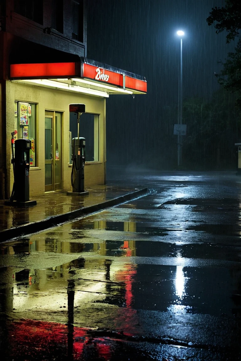 A deserted urban street at night, bathed in the stark contrast of darkness and the intermittent glow of street lamps. The cobblestone road, slick with the recent downpour, reflects the eerie neon lights that flicker from the storefronts. A solitary car, its headlights cutting through the mist, approaches a lonely gas station, its canopy casting a pool of light onto the pavement. The gas pumps stand sentinel-like under the buzzing fluorescent lights, their shadows stretching long and menacing into the night. The thriller ambiance is palpable, as the car's tires echo on the wet asphalt, and the faint sound of raindrops patter against metal surfaces. The car's reflection in a puddle distorts, revealing a dark shadow lurking just out of view. The gas station's sign, though dimmed by the rain, flickers with a mysterious message. Each droplet on the window of the car seems to carry a secret, as the scene unfolds like a still from a noir film, the tension hanging in the air as thick as the mist that clings to the street corners. The vibrant neon hues of the nearby store signs, "Open" and "Liquor," offer a jolting juxtaposition to the surrounding gloom, hinting at the hidden lives and stories within the buildings. The quietude is pierced by the distant wail of a siren, sending a shiver down the spine as the shadowy figure at the edge of the frame seems to lean in, watching the car's approach with an unsettling interest. This chilling night scene is a silent narrative of suspense and solitude, with the promise of a thrilling twist waiting just beyond the reach of the headlights.,horror film screencap, horror, wide-angle shot