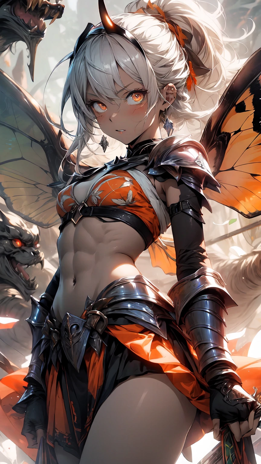 best quality, soft light, ultra high res, (photorealistic:1.4), RAW photo, 1japanese girl, solo, (pupil, lights in the eyes), (detailed beautiful face, perfect face), (large chest), (long hair), indoor, rainbow eyes, silver hair, bikini armor, unconvincing armor, cleavage, wide hips, (wings, hip wings, large wings, dragon wings), scythe, holding weapon, armored gloves, shoulder gloves, armored boots, thigh highs, micro skirt, exposed stomach, crop top, (ideal body proportions), upskirt, pale skin, 18-year-old woman, sheer clothing, waste cape, underboob, high heels, stilettoes, horny, vaginal juice, vaginal fluid
