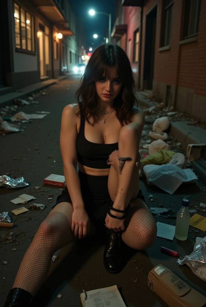 Night, streetlights, Dim colors, Full-body shot of a busty brunette mature woman sitting on the dirty ground in a trash-filled alley. The alley is cluttered with paper, bottles, empty bags, cigarette butts, and antique medical syringe. Nearby, there is a piece of foil, a lighter, and a pack of cigarettes. She wears a black mini skirt, a short crop top, torn fishnet stockings, and high-heeled boots. visible injection marks on her arms reflect the depressing, dangerous atmosphere. A thick black rubber cord is tightly tied around one forearm as she injects insulin into her arm antique medical syringe. Her facial expression is indifferent and sad. The dim lighting adds to the gloomy, unsafe environment. Realistic style, high detail on the woman and her surroundings. Detailed hand, Check anatomy, check legs, check hands, check face, highly detailed face.