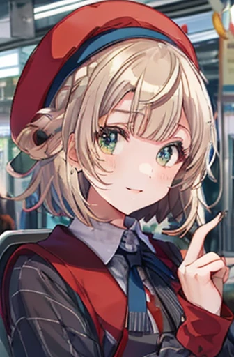 ( cowboy shooting:1.5),Shigure Ui \(vtuber\),  Pong_Pong_hair_ring, smile,   stripe_School_uniform, red_beret, beret, collared_ shirt,  Masterpiece , noise reduction ,  perfect anatomy over a white blouse , high definition ,  ultra detail,  ultra detail face,Game CG, Dutch angle  , beautiful detailed eyes from outside the train, visual art , five fingers ,   perfect hand,  Complete, Sparkling eyes,