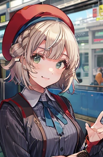 ( cowboy shooting:1.5),Shigure Ui \(vtuber\),  Pong_Pong_hair_ring, smile,   stripe_School_uniform, red_beret, beret, collared_ shirt,  Masterpiece , noise reduction ,  perfect anatomy over a white blouse , high definition ,  ultra detail,  ultra detail face,Game CG, Dutch angle  , beautiful detailed eyes from outside the train, visual art , five fingers ,   perfect hand,  Complete, Sparkling eyes,