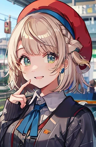 ( cowboy shooting:1.5),Shigure Ui \(vtuber\),  Pong_Pong_hair_ring, smile,   stripe_School_uniform, red_beret, beret, collared_ shirt,  Masterpiece , noise reduction ,  perfect anatomy over a white blouse , high definition ,  ultra detail,  ultra detail face,Game CG, Dutch angle  , beautiful detailed eyes from outside the train, visual art , five fingers ,   perfect hand,  Complete, Sparkling eyes,