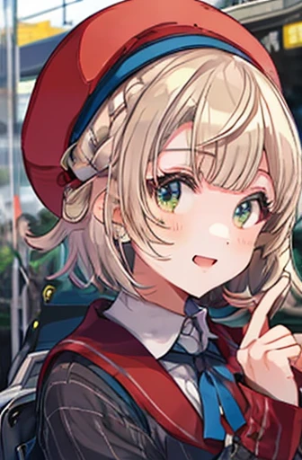 ( cowboy shooting:1.5),Shigure Ui \(vtuber\),  Pong_Pong_hair_ring, smile,   stripe_School_uniform, red_beret, beret, collared_ shirt,  Masterpiece , noise reduction ,  perfect anatomy over a white blouse , high definition ,  ultra detail,  ultra detail face,Game CG, Dutch angle  , beautiful detailed eyes from outside the train, visual art , five fingers ,   perfect hand,  Complete, Sparkling eyes,