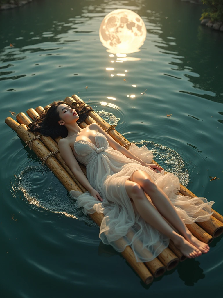 photorealistic of a stunningly beautiful goddess lying down on a bamboo raft, wrapped in tulle sheet bare skin, black short hair, lying back stance, straightened legs, surrounded by a whirl-water and glittering fog, amidst a surreal,as a burst of light illuminates her perfect, radiant features, with a mesmerizing, cinematic glow, and dynamic, intricate details, in a highly realistic, high angle shot, bottom-front viewer, big crescent moon reflected on the water as background scene
