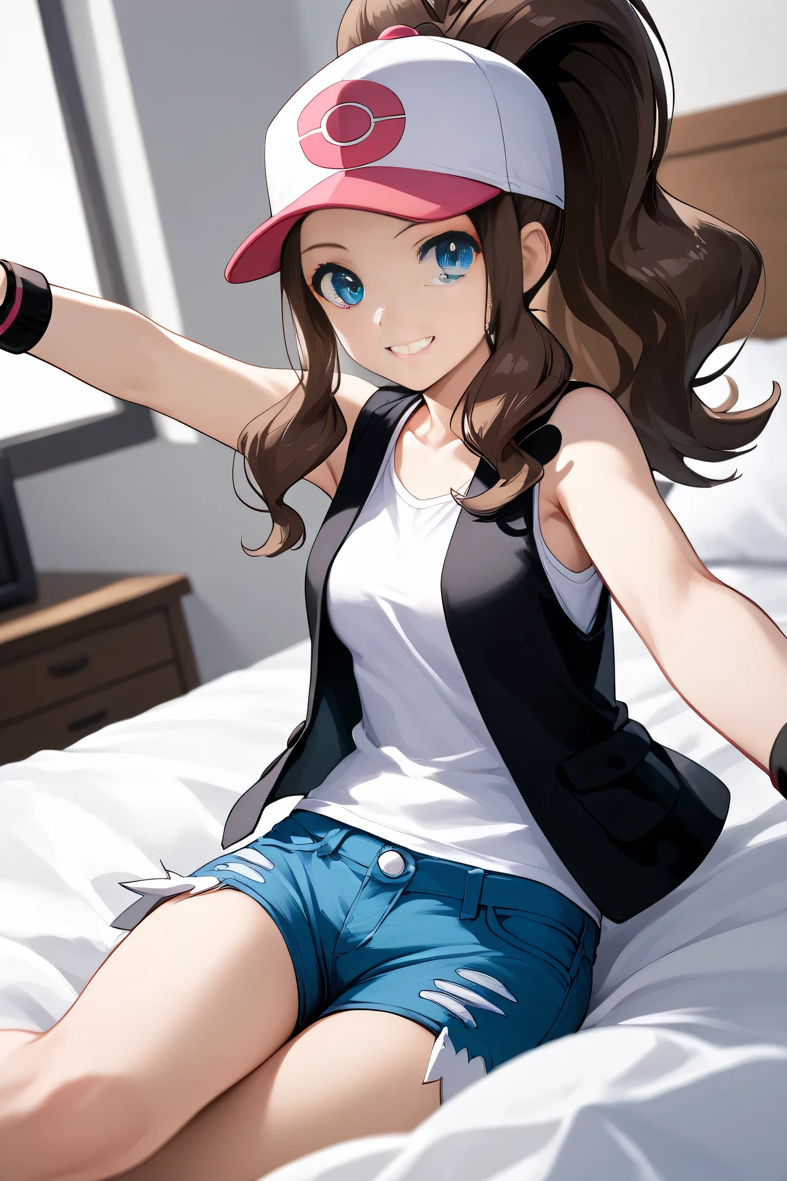  score_9,  score_8_up,  score_7_up,  source_Anime, Pokemon Hilda, Pokemon Hilda,  blue eyes,  brown hair,  long hair,  ponytail , smile,
Baseball cap, blue Shorts, denim,  have , Shorts, vest,  wristband around the neck,  sleeveless, Black vest, white  shirt,  shirt,
indoor,  bed,  bed room, On the back, arm support, arms up, incoming hug, throw, Reaching , Reaching  towards viewer,
 watch viewers,  Dutch angle ,  cowboy shooting,