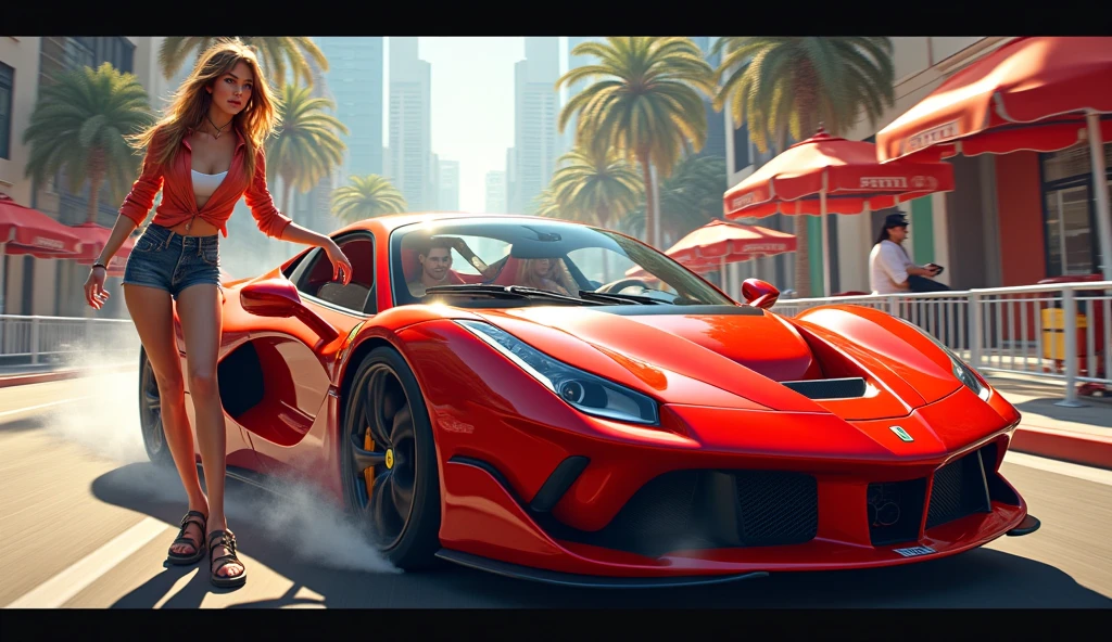 20 year old woman driving red lamborghini car,brown long hair,D cup chest,Glamorous model body,Short Dress