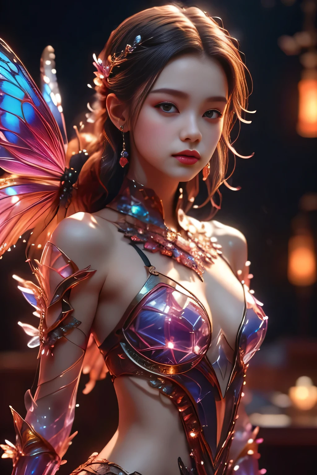 ( RAW photos 、 best quality)、( real、 photorealistic:1.3)、 best quality、masterpiece、 Beautiful and Beautiful 、16k、((( Great Details )))、(HDR:1.4)、 High Contrast 、( bright colors :1.4)、バイオmechanical スタイル Very Detailsなイラスト、 Fantastic Magical Creatures 、(Transparent Skin: 1.5)、(Translucent body: 1.5) 、MS. Schiff's Art 、neon、Particles of light、color、CMYK Color 、 backlight 、 cyberpunk 、Close up、mechanical、( shot above the knee :1.3)、( Accurate and Perfect Anatomy )、Dark Background、 Top Down View 。 Fusion of Organic and Mechanical Elements 、Futuristic、 cybernetic 、 Details、complicated、Selective focus、Miniature effect、 blurred background 、 Very Details、 full of energy 、 View Control 、(Abundant color: 1.6)、Alluring、 sexy、Eros、 beautiful face、 perfect face with details 、Large, even eyes、 perfect proportions 、Busty、 Thin Waist、navel、 crotch gap 、Thighs、(( dynamic pose 、 Changing Poses 、 Dynamic Angle ,))、