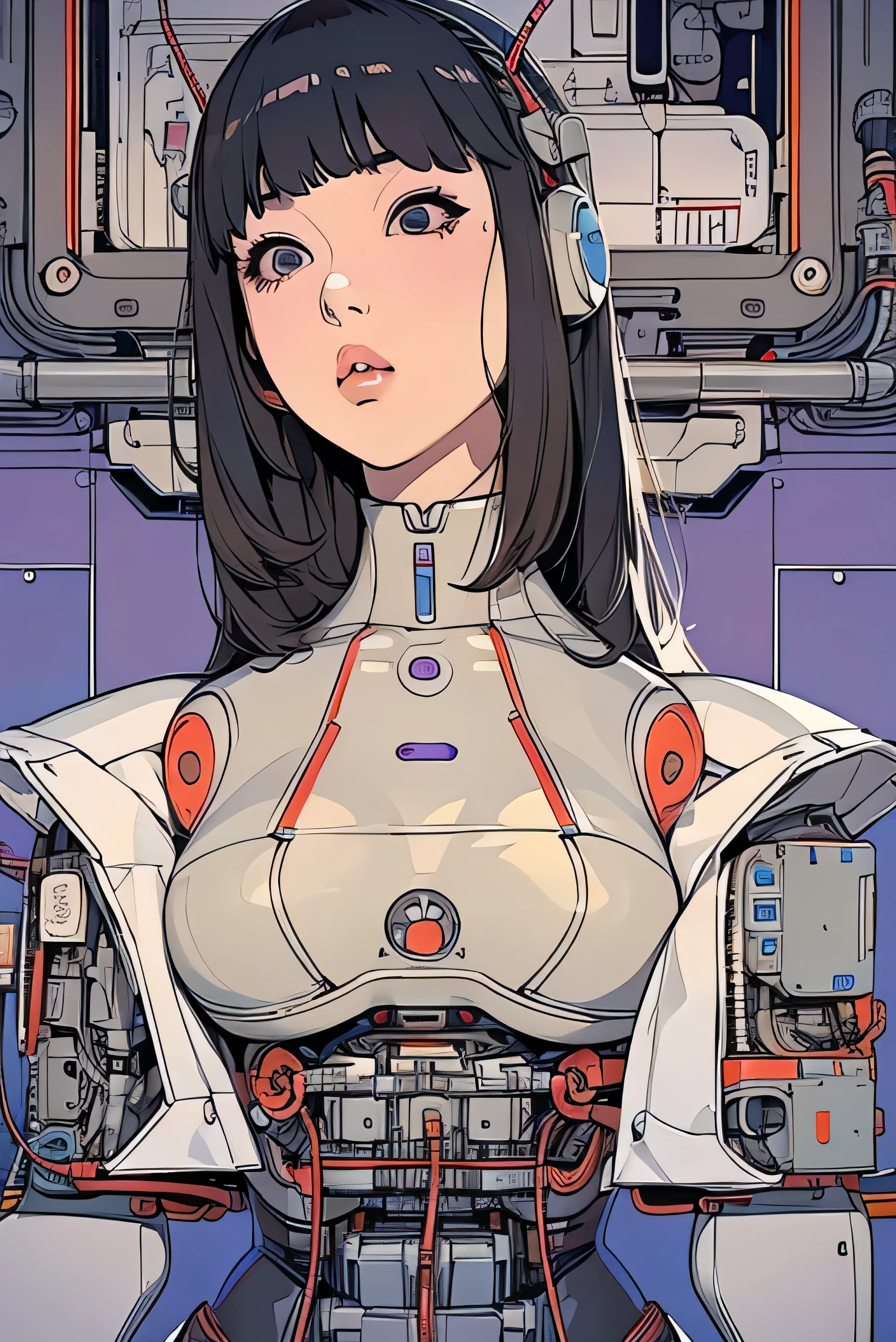 masterpiece, best quality, extremely detailed,portrait,front view,Japaese android girl,Plump, control panels,android,Droid,Mechanical Hand, Robot arms and legs,Blunt bangs,long tube,thick cable connected her neck