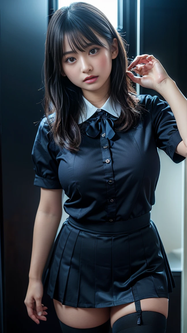 (8K, RAW Photos, Highest quality, masterpiece:1.2), (professional photography, full colors, studio-caliber color grading), (Gravure quality for high-end fashion magazines), BREAK,25 year old girl, straight hair, crying a little, Harajuku style, Big Natural Color Lip, (Plumpy body:1.1), (smooth skin.1.1 (huge breasts1.0 Black Sailor Uniform, serafuku, Navy pleated skirt, (hotel room.1)